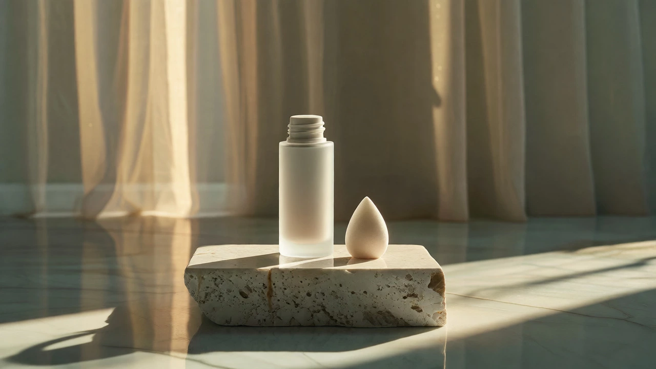 An elegant matte makeup bottle and teardrop sponge in soft, natural light.