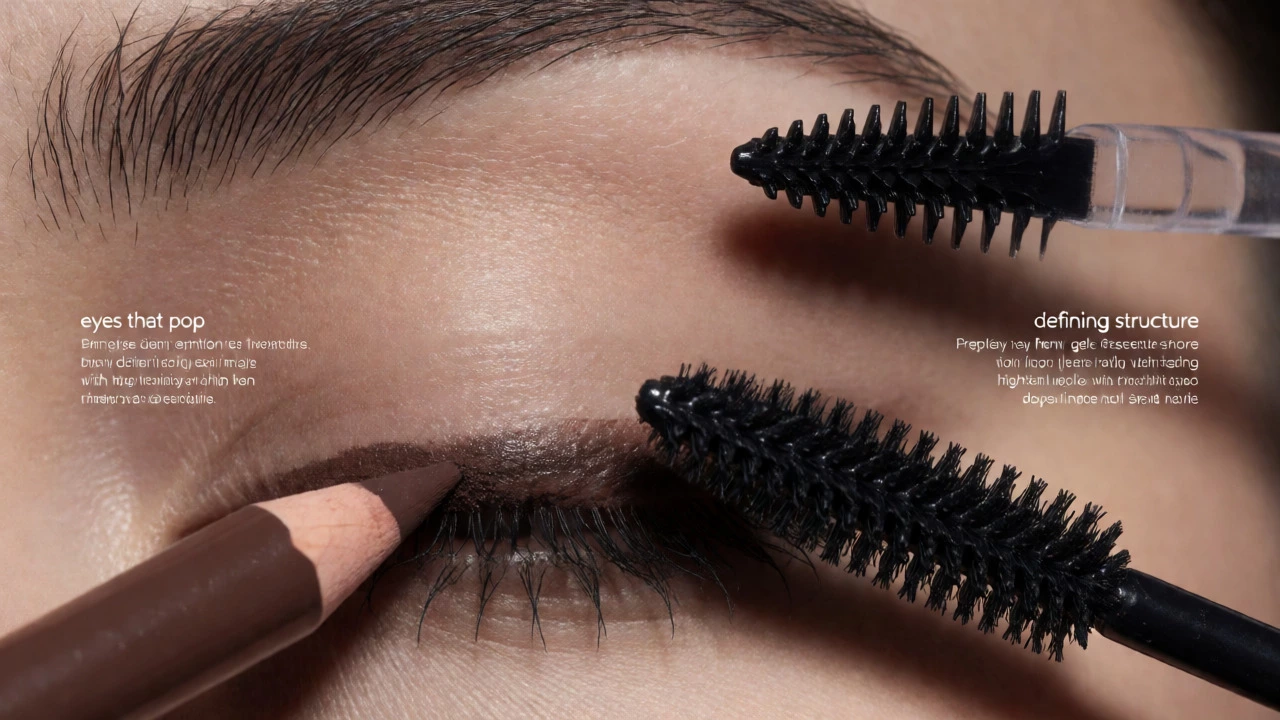 Close-up of brown eyeliner and mascara application defining the eyes.