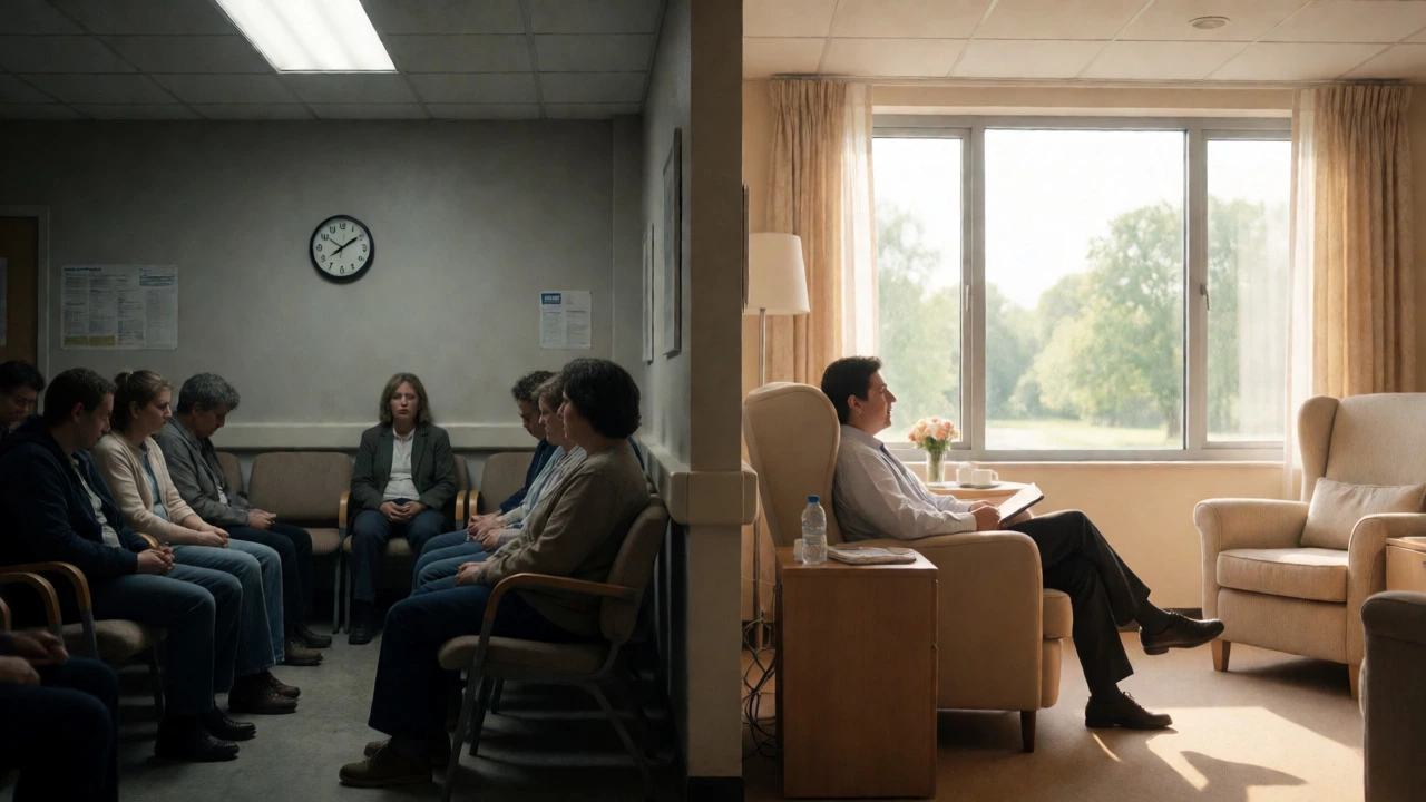 Contrast between a crowded NHS waiting room and a comfortable private hospital suite.
