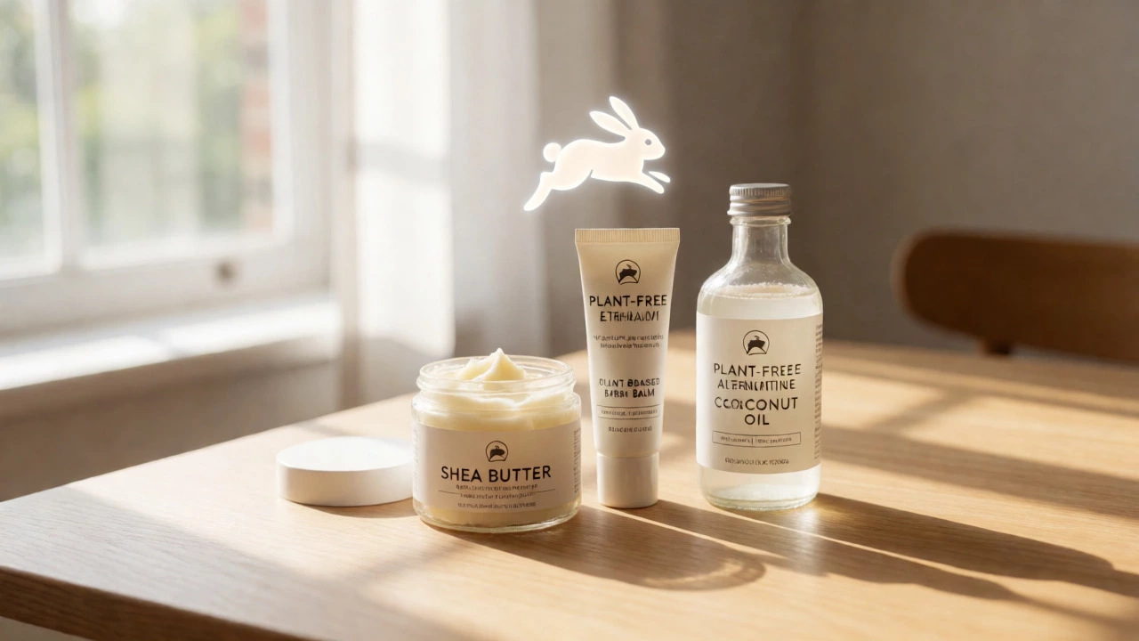 Cruelty-free plant-based skincare products on a wooden table