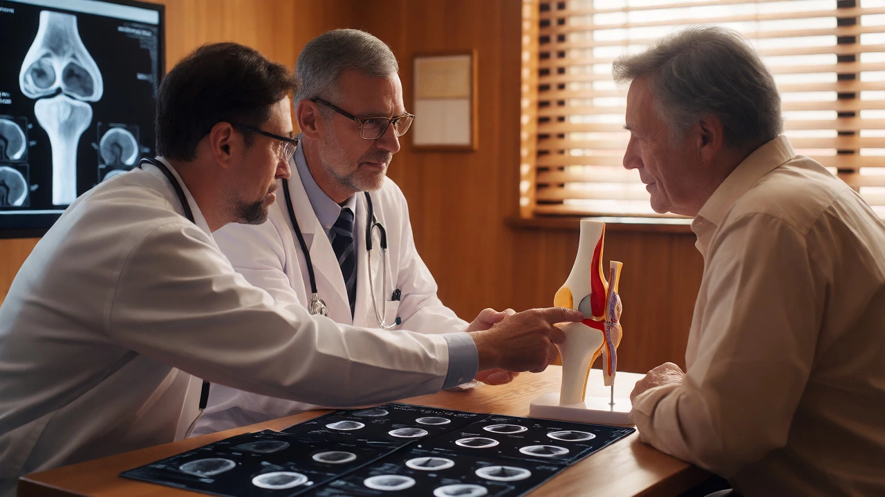 Doctors discussing MRI scans with a patient during a second opinion.