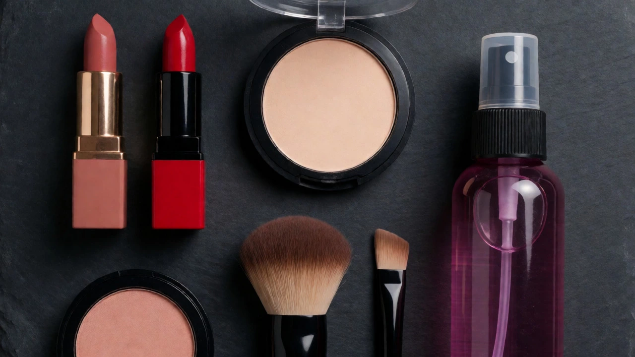 Flat lay of essential makeup tools including lipsticks, brushes, and setting spray.