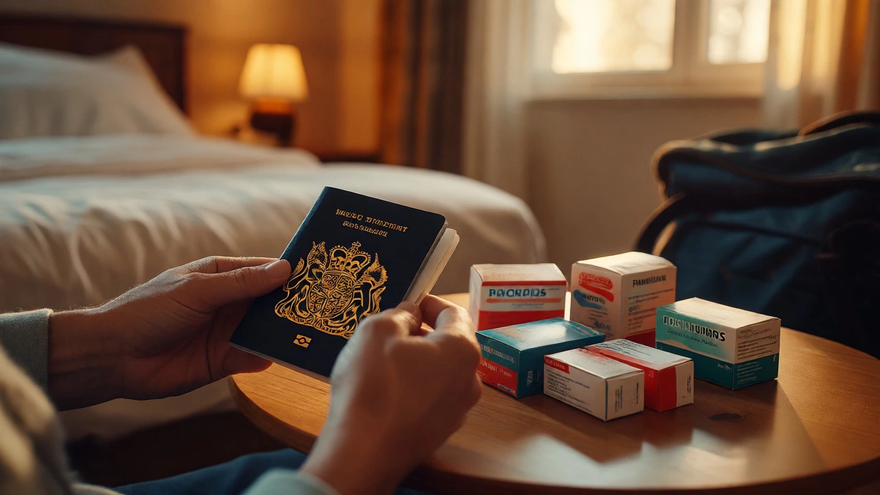 Hands holding passport and meds in hotel room