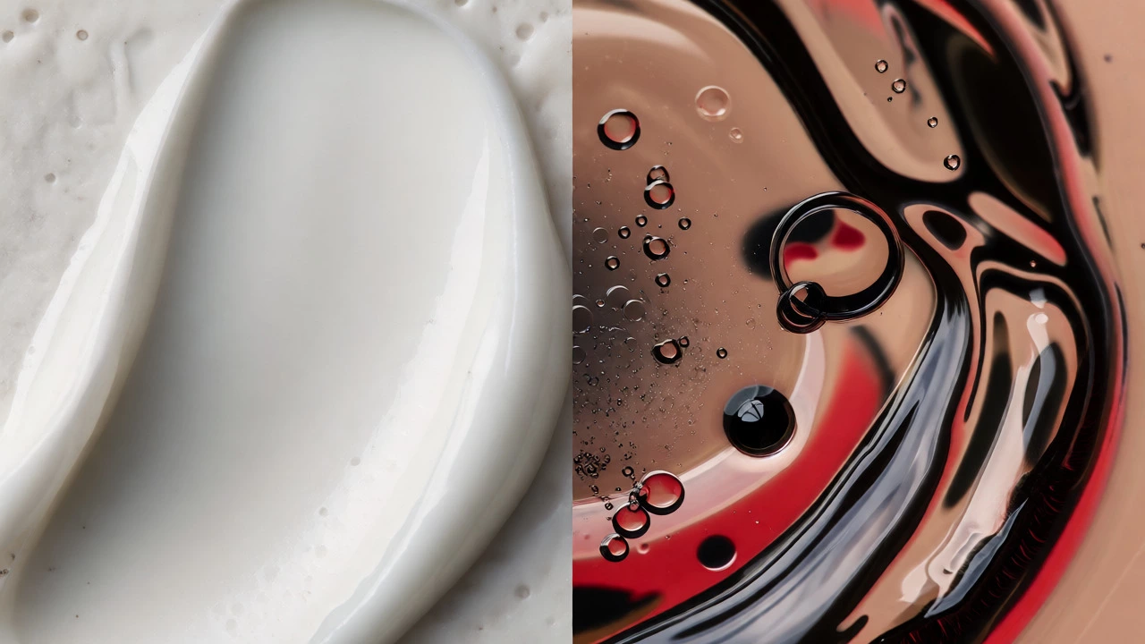 Macro shot contrasting smooth clean cream textures with abstract dark chemical structures.
