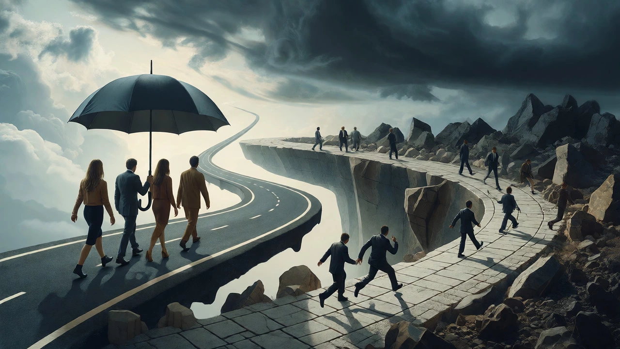Metaphorical path showing equal UK healthcare access versus unequal US financial barriers.
