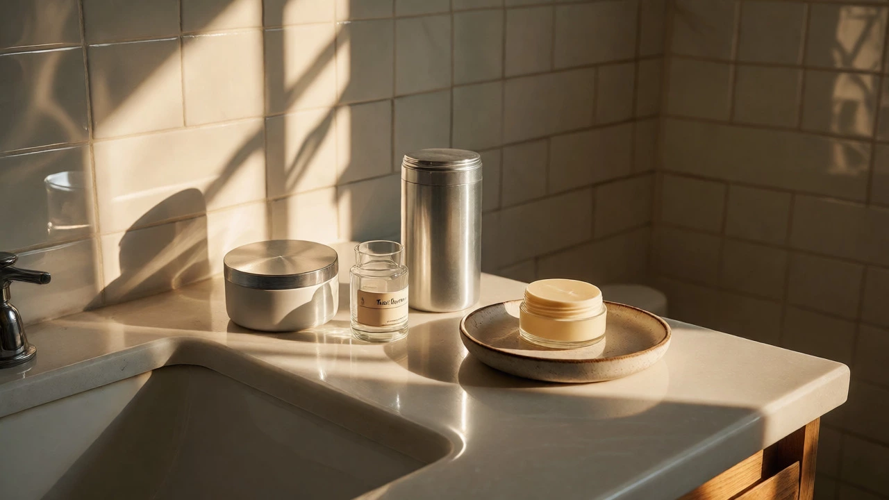 Minimalist bathroom counter with glass skincare bottles and a balm in natural morning light.