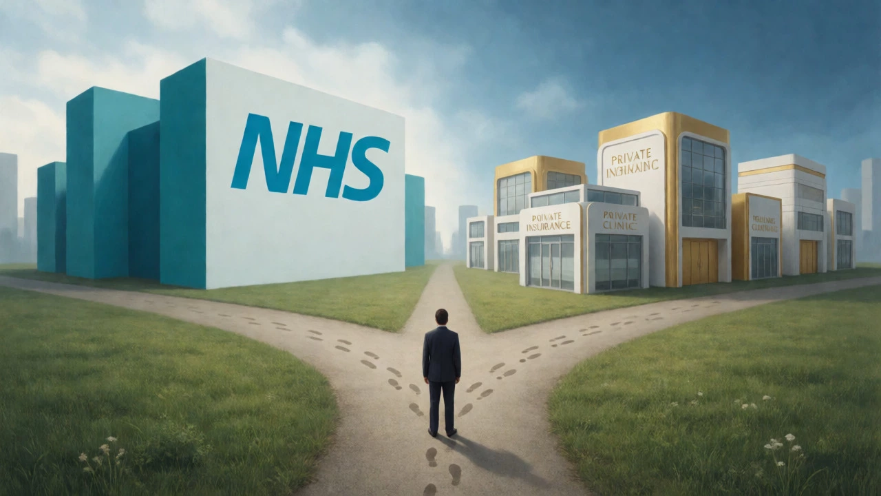 Person deciding between NHS public care and private insurance options at a crossroads.