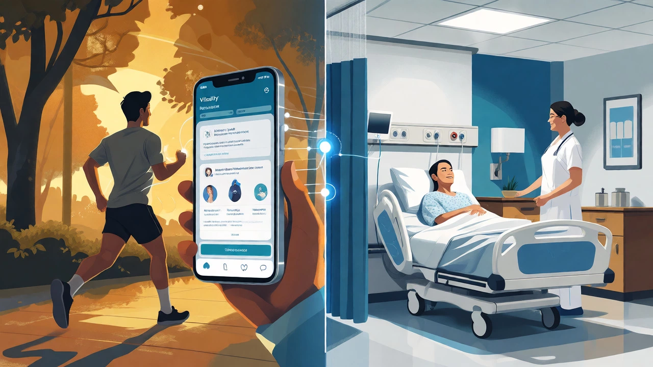 Split scene showing active lifestyle rewards and private hospital care