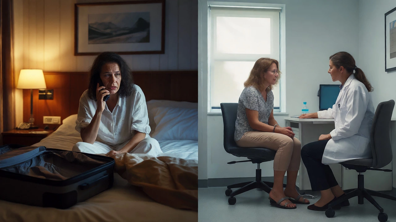 Split view contrasting stressful abroad recovery with calm local care