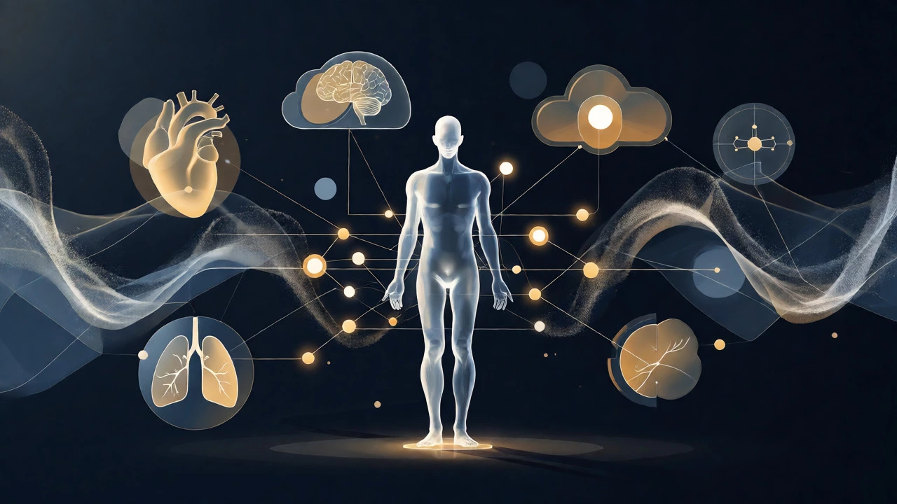 Abstract digital illustration of a human figure connected to virtual health nodes and data streams.