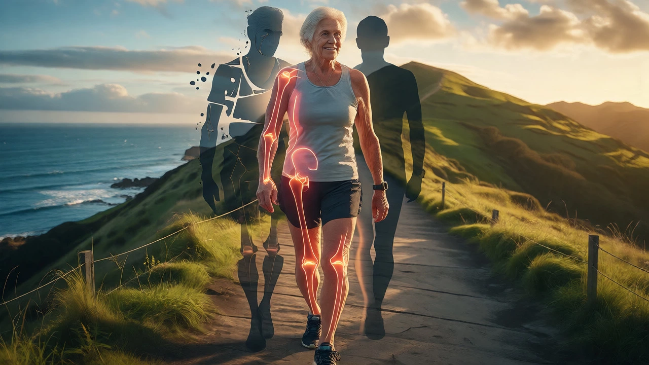 Active senior walking on NZ coast with healthy body alignment