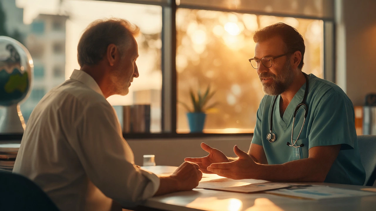 Anesthesiologist consulting with patient in bright medical office