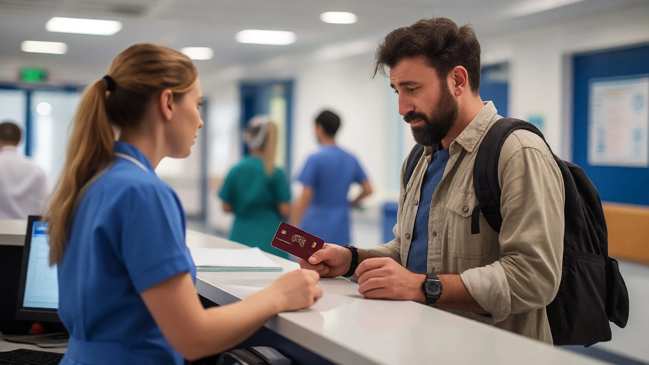 Anxious tourist paying hospital bill at UK NHS reception desk