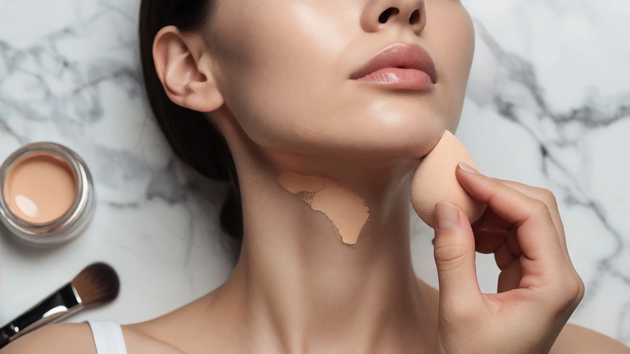 Blending foundation on a jawline with a damp beauty sponge.