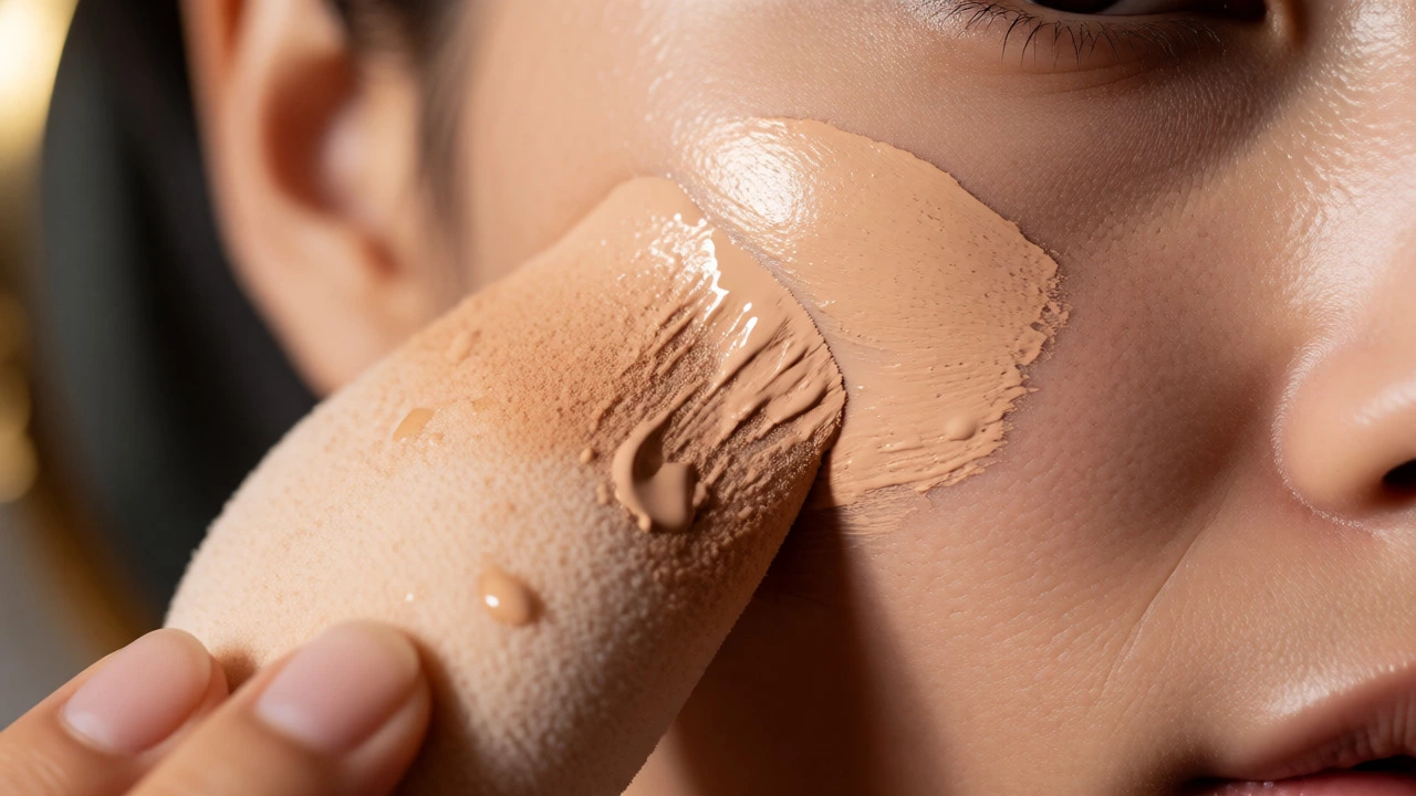Close-up of a damp sponge blending foundation on a cheek.