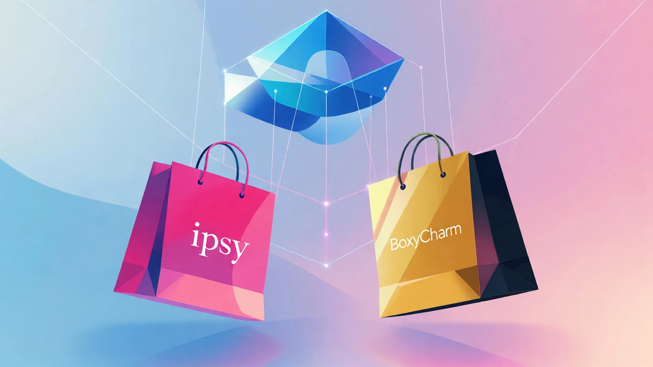 Conceptual illustration showing two distinct beauty brand bags connected to a single corporate hub.