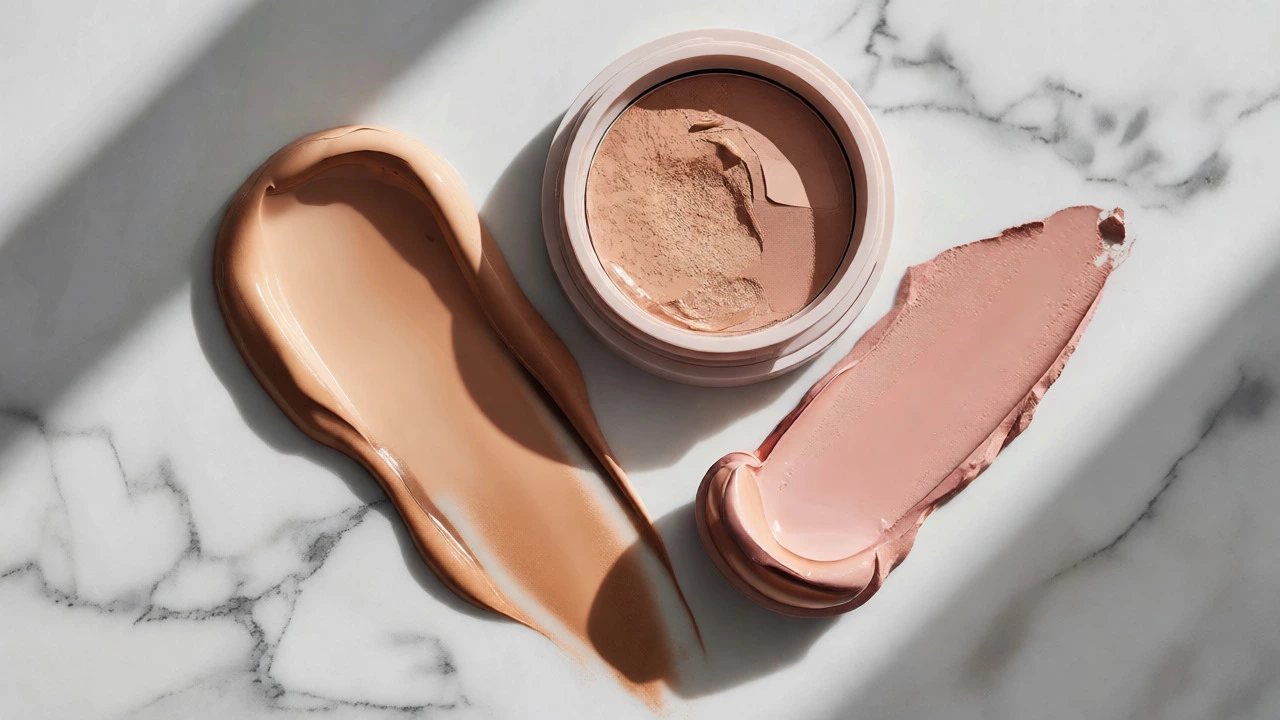 Flat lay of liquid, powder, and cream foundation products on marble