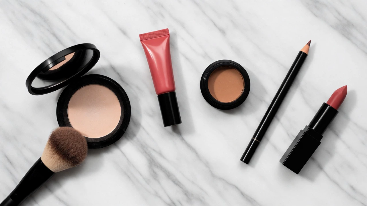 Flat lay of makeup products including powder, blush, and lipstick.