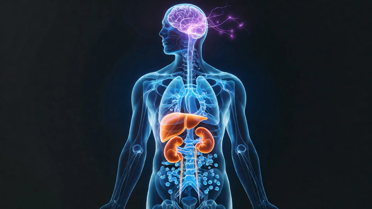 Illustration of liver and kidneys processing anesthesia drugs in body