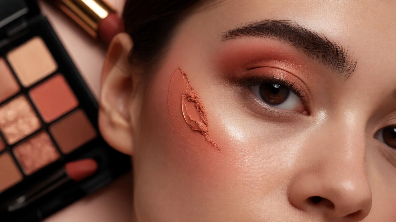 Macro shot of cream blush being blended on a cheekbone.