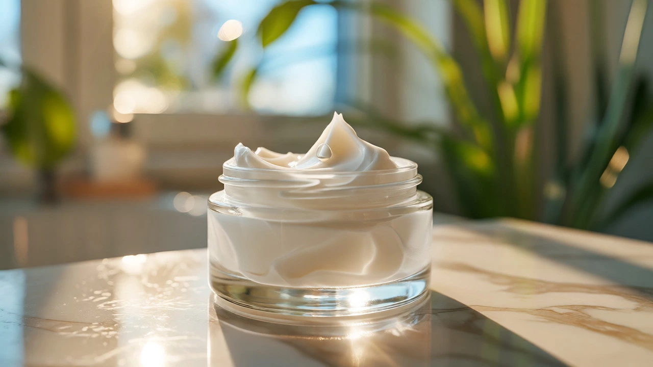 Macro shot of moisturizer cream in a glass jar with a water droplet