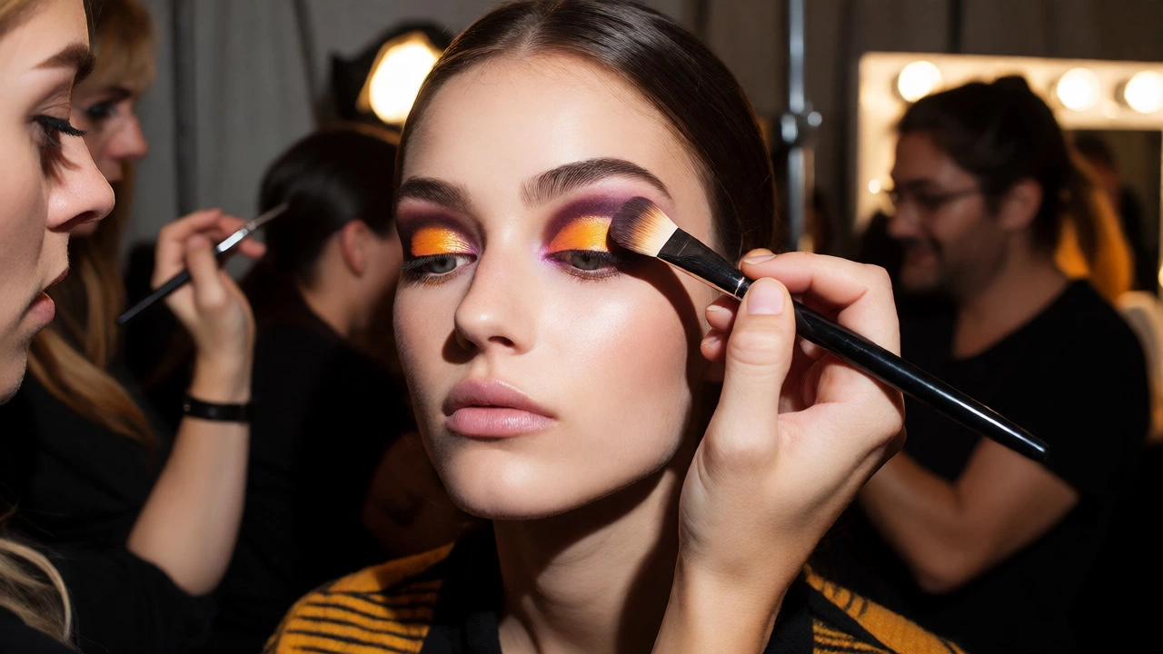 Makeup artist applying vibrant eyeshadow to a model backstage at a fashion show.