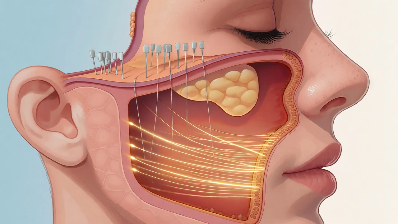 Medical illustration of barbed threads lifting facial tissue and stimulating collagen