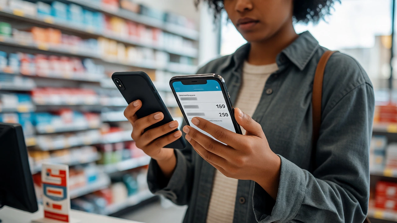 Person comparing prices on two phones at a pharmacy checkout