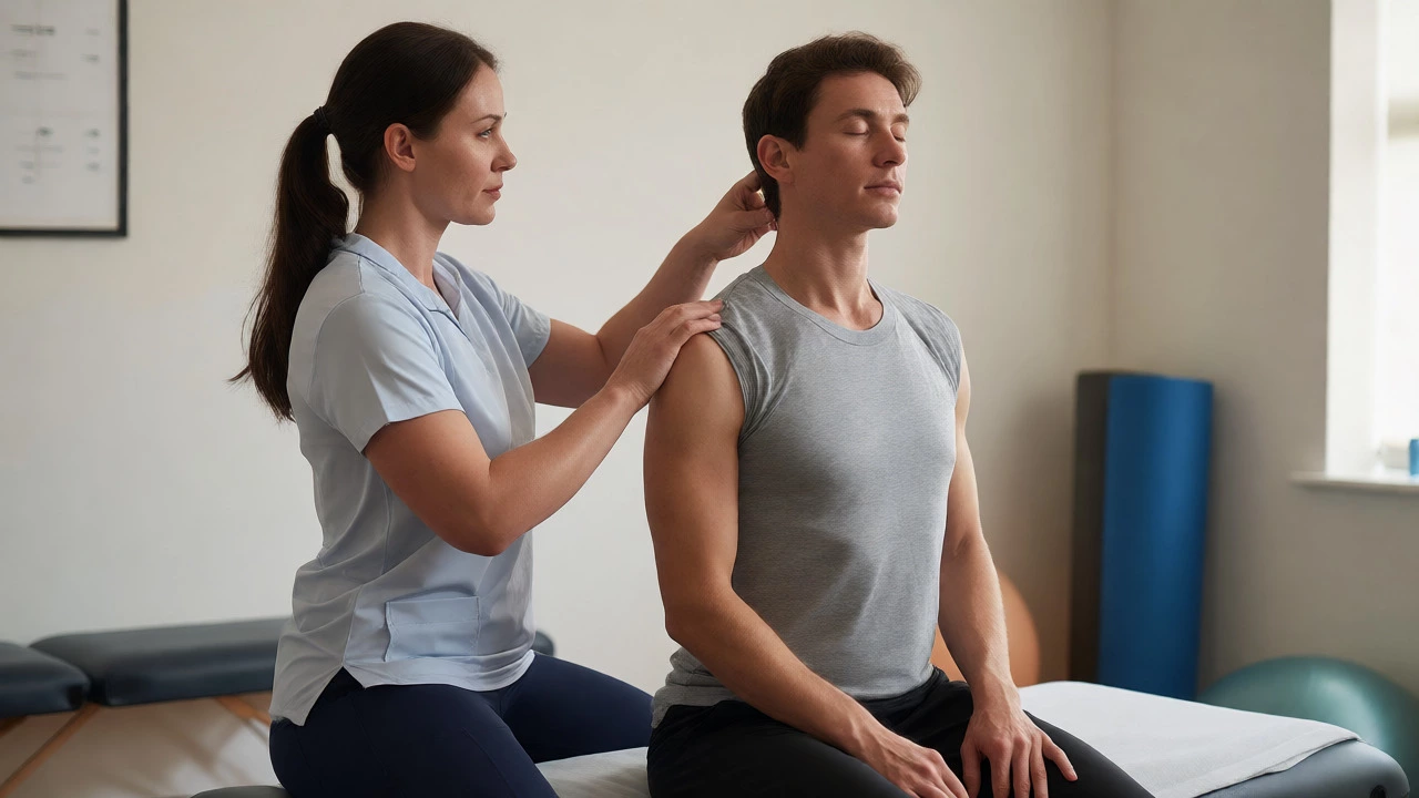 Physiotherapist assessing patient's neck mobility in clinic