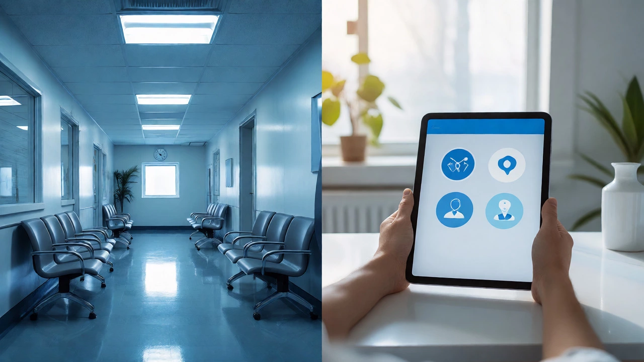 Split view comparing a busy traditional clinic waiting room with a calm home telehealth setup.