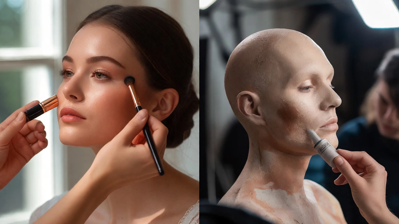 Split view comparing soft bridal makeup application with heavy-duty special effects work.
