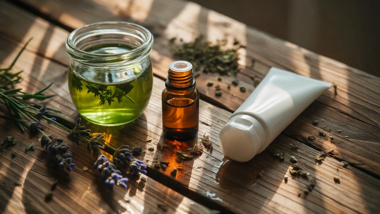 Still life of herbal infusions, essential oils, and synthetic cream arranged on a sunlit wooden table.