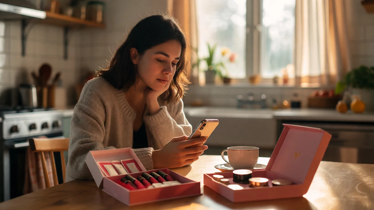 Woman comparing contents of Ipsy and BoxyCharm beauty subscription boxes at her kitchen table.