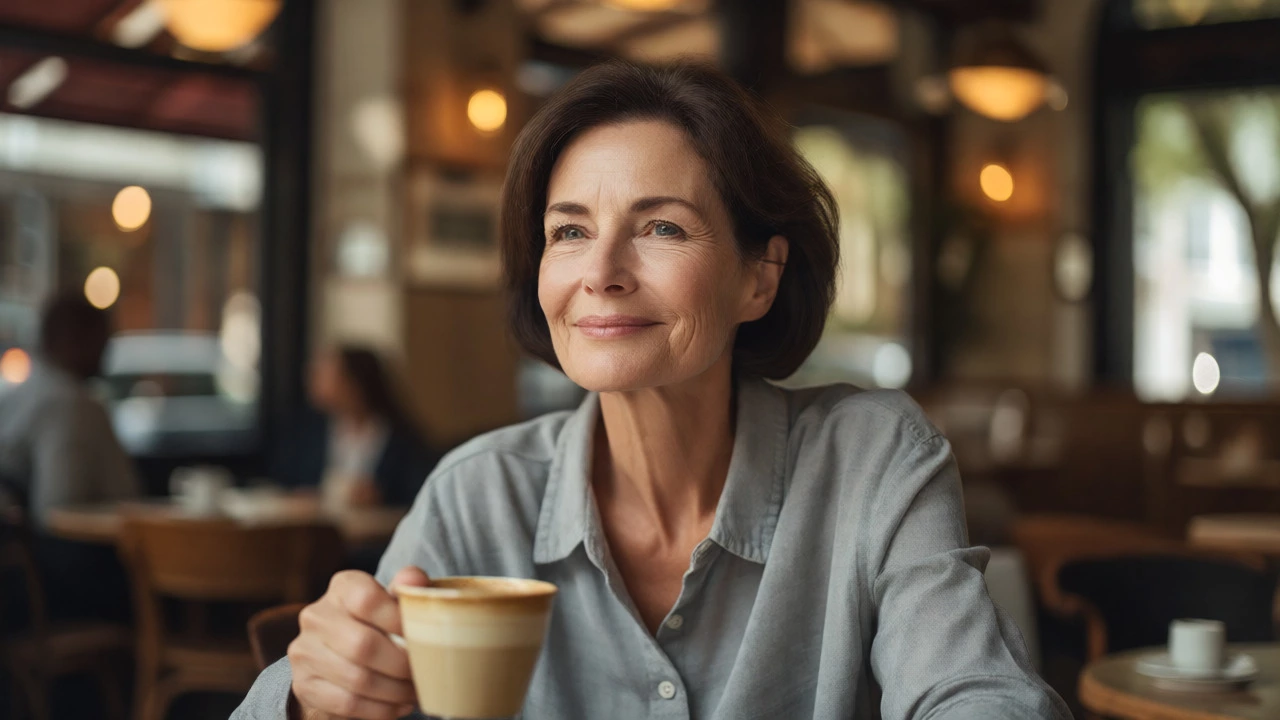 Woman with refreshed appearance enjoying coffee after non-surgical facelift